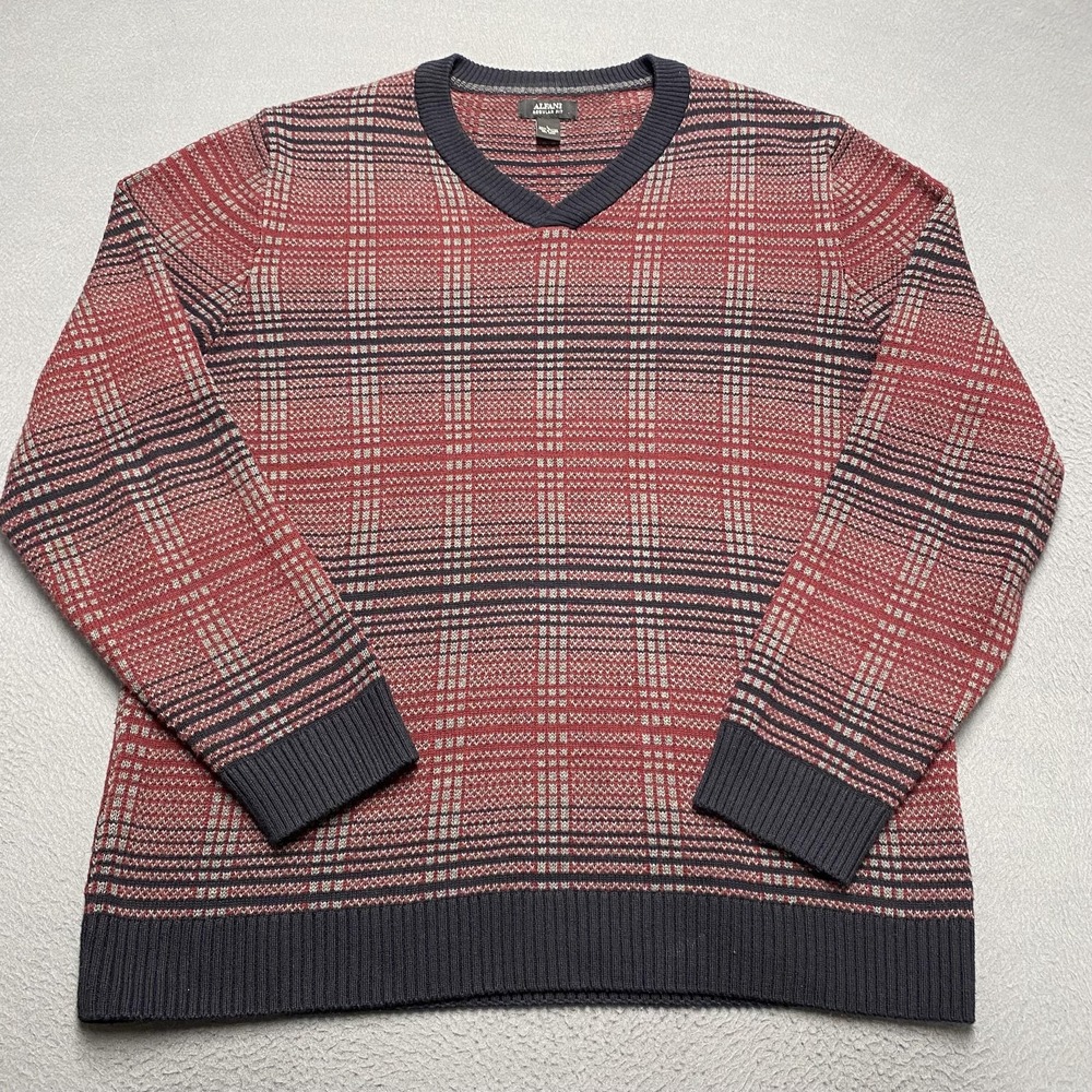 Alfani Sweater Mens Large Burgundy Plaid V-Neck Cotton Regular Fit Long‎ Sleeve